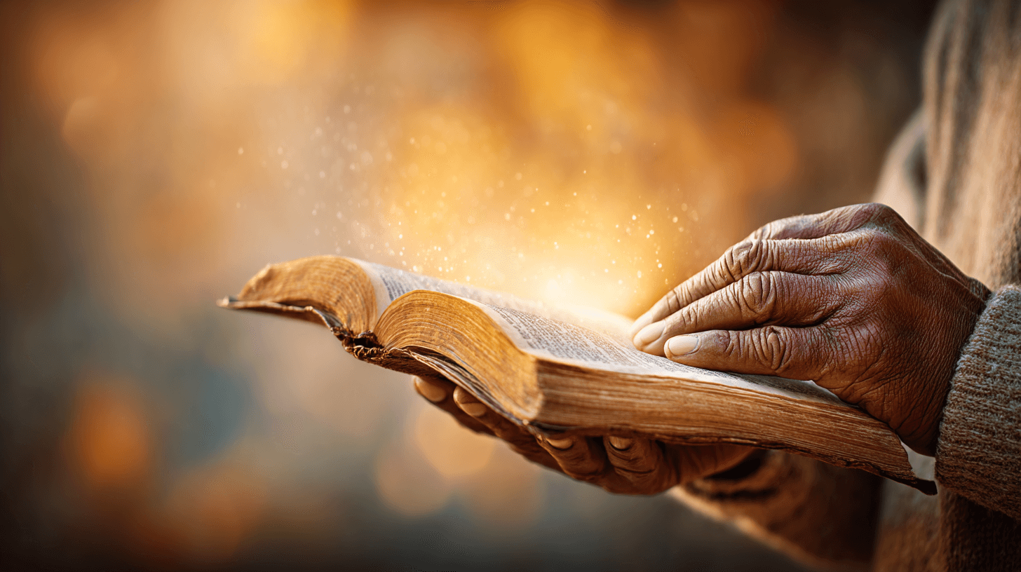Gentle hands holding an open Bible with divine light pouring down from heaven