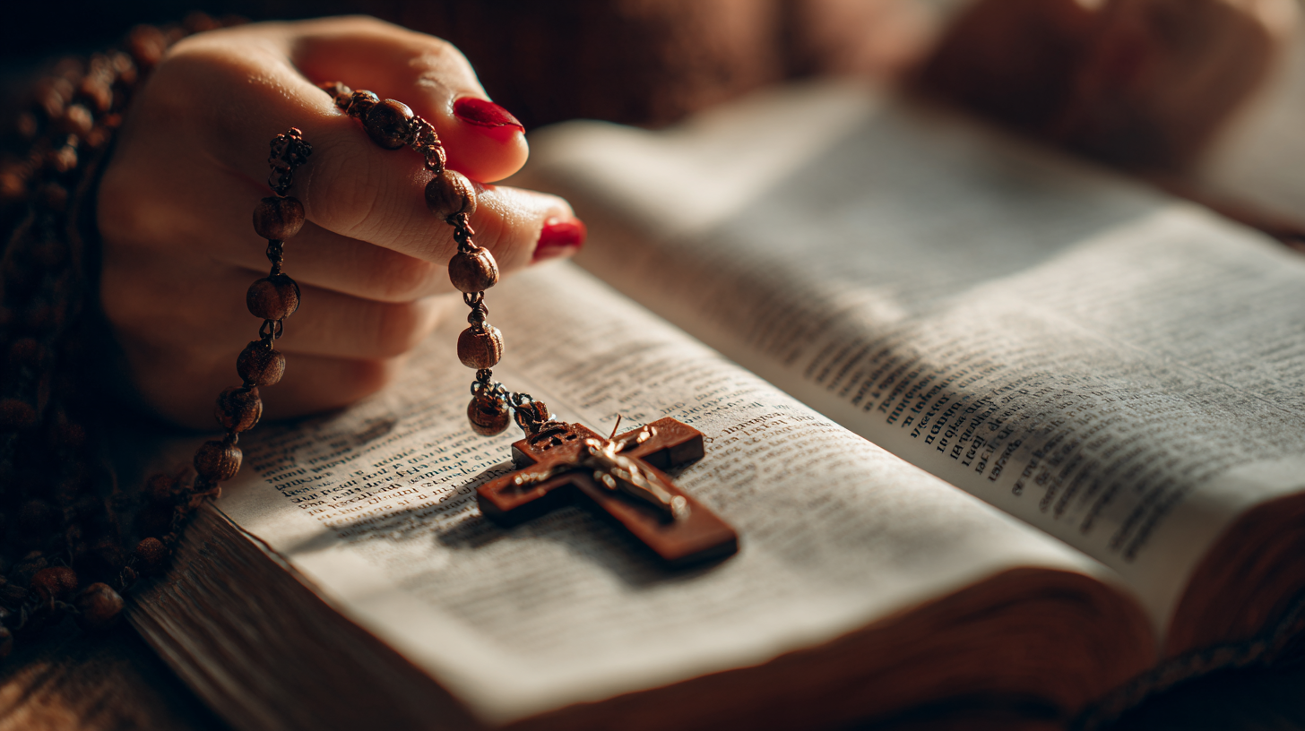 Hands clasped in prayer with rosary beads symbolizing trust in God