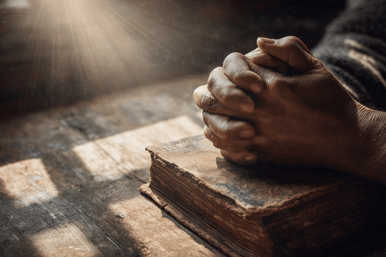 Hands clasped in prayer over an old wooden Bible